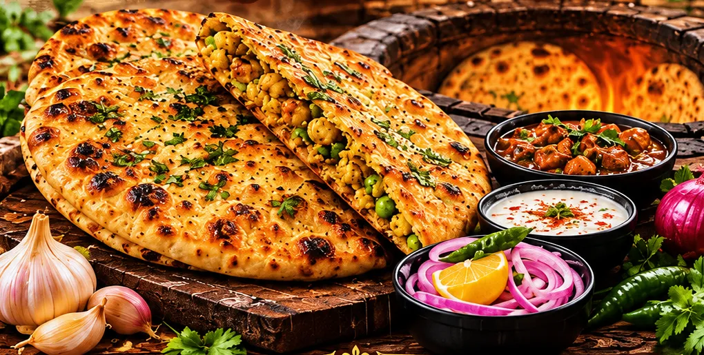 Amritsari kulcha with chole, raita and onion